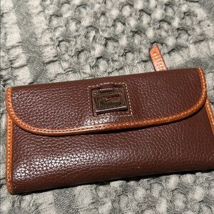 Dooney & Bourke Dark Brown Pebbled Leather Continental Wallet with Tan Trim